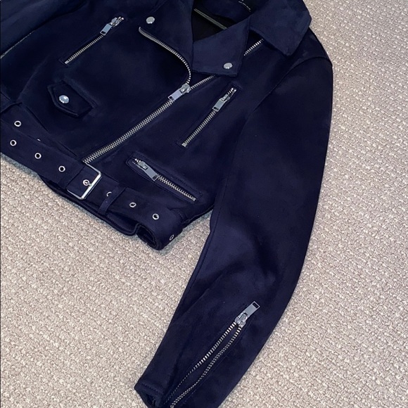 Navy suede cropped bomber jacket w silver hardware - Picture 4 of 8